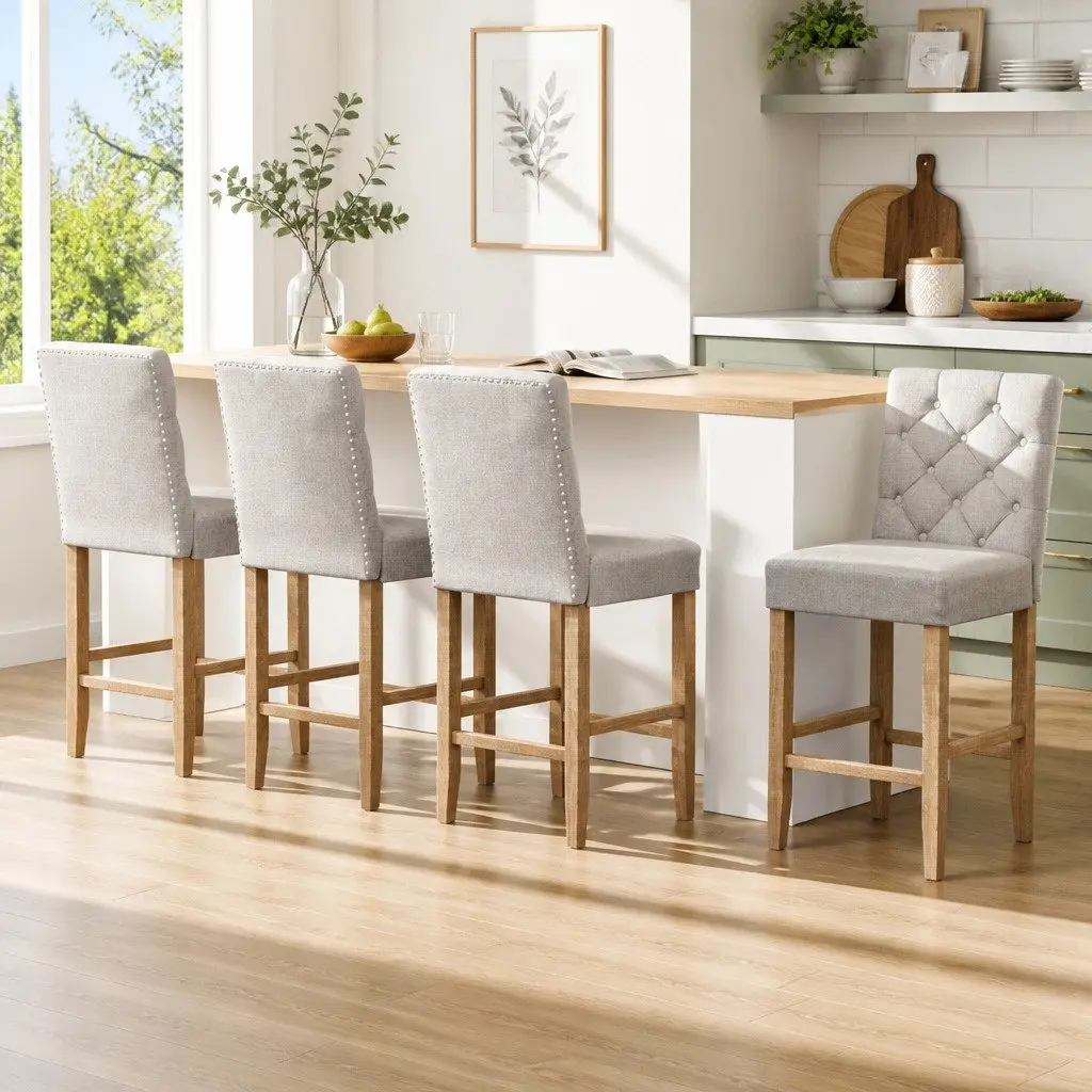 Set of 4 Linen Upholstered Bar Stools with High Backrest and Footrest Beige for Kitchen Dining