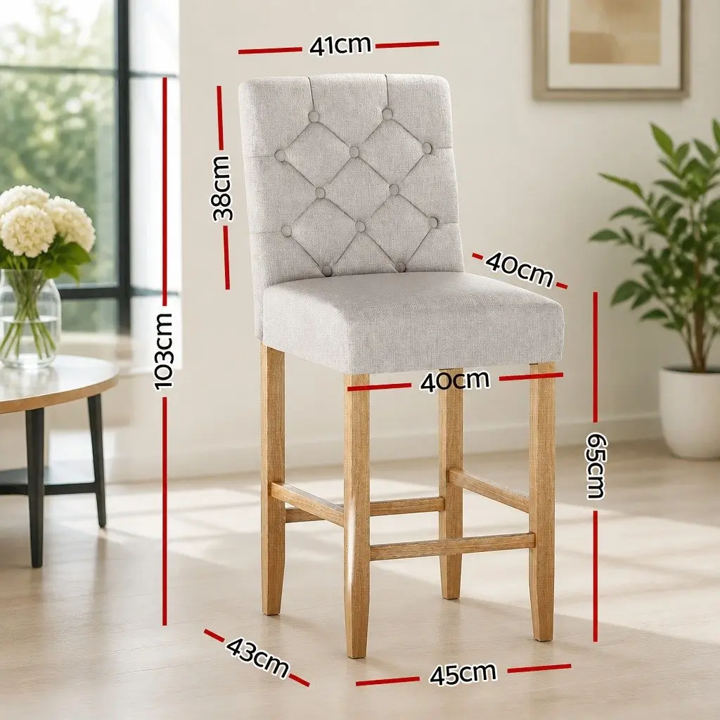 Set of 4 Linen Upholstered Bar Stools with High Backrest and Footrest Beige for Kitchen Dining