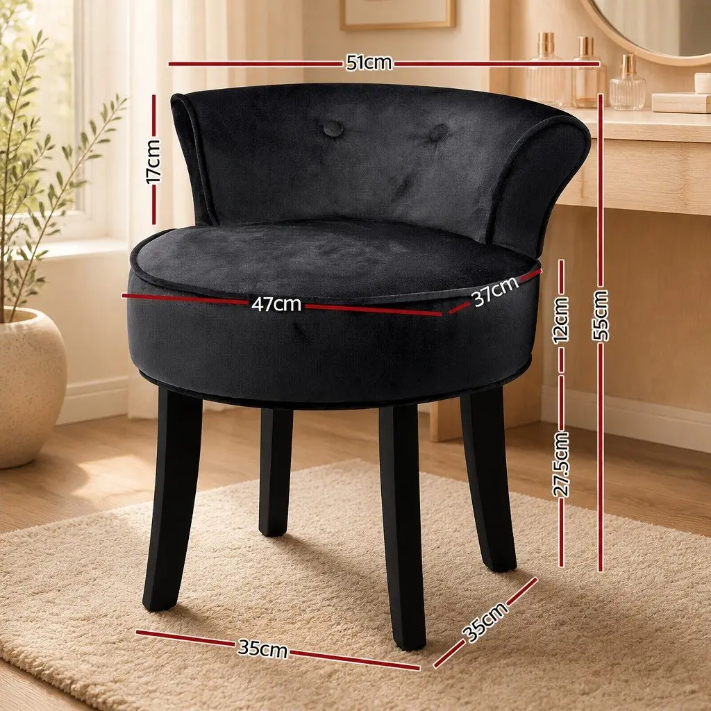 Vanity Stool Velvet Black Button Tufted Backrest Padded Foam Seat Solid Wood Legs