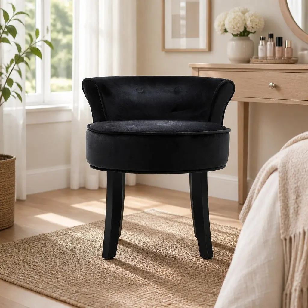 Vanity Stool Velvet Black Button Tufted Backrest Padded Foam Seat Solid Wood Legs