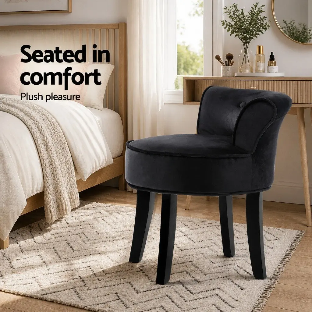Vanity Stool Velvet Black Button Tufted Backrest Padded Foam Seat Solid Wood Legs