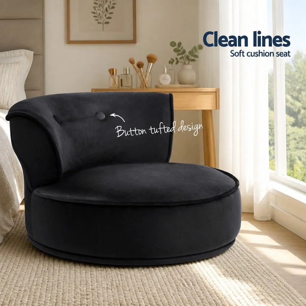 Vanity Stool Velvet Black Button Tufted Backrest Padded Foam Seat Solid Wood Legs