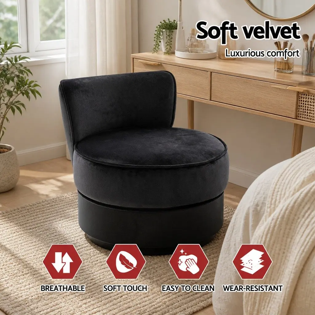 Vanity Stool Velvet Black Button Tufted Backrest Padded Foam Seat Solid Wood Legs