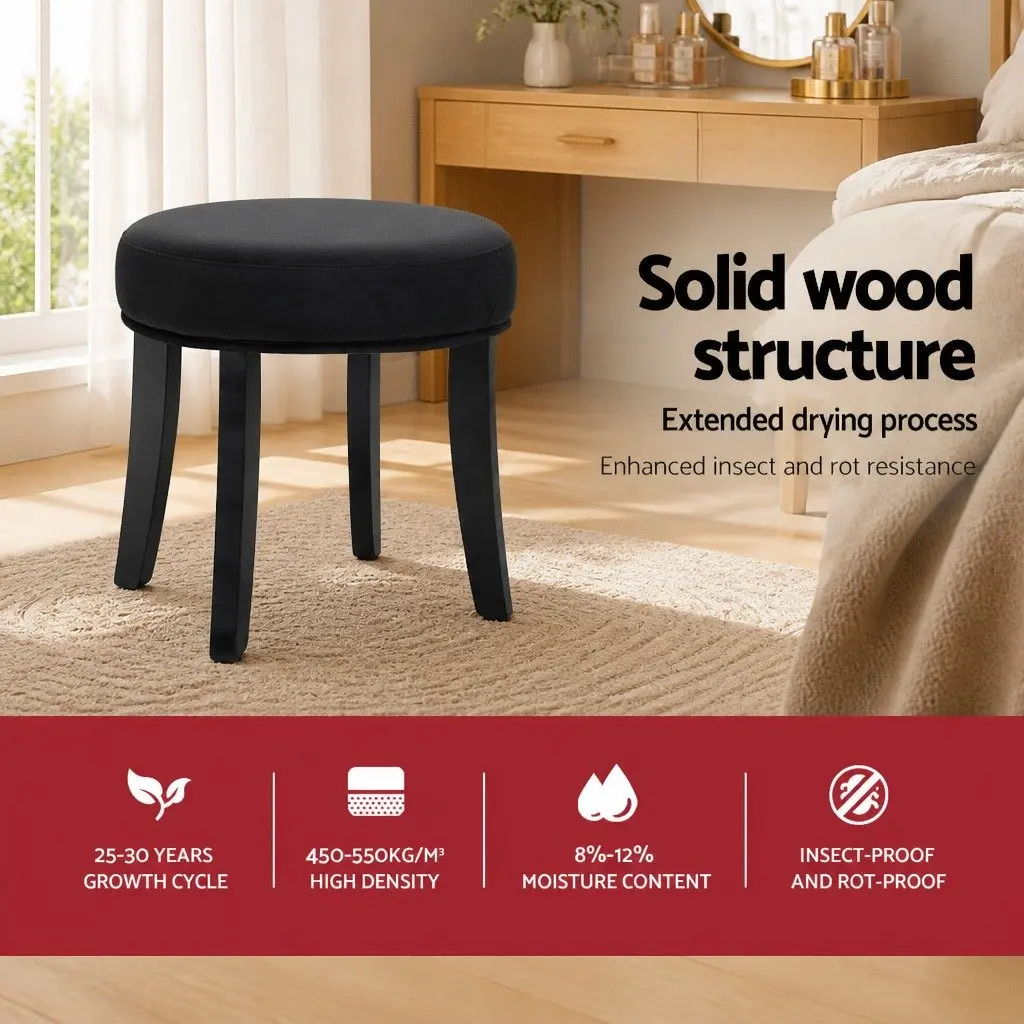 Vanity Stool Velvet Black Button Tufted Backrest Padded Foam Seat Solid Wood Legs