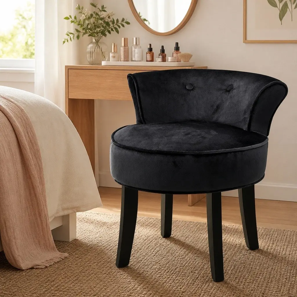 Vanity Stool Velvet Black Button Tufted Backrest Padded Foam Seat Solid Wood Legs