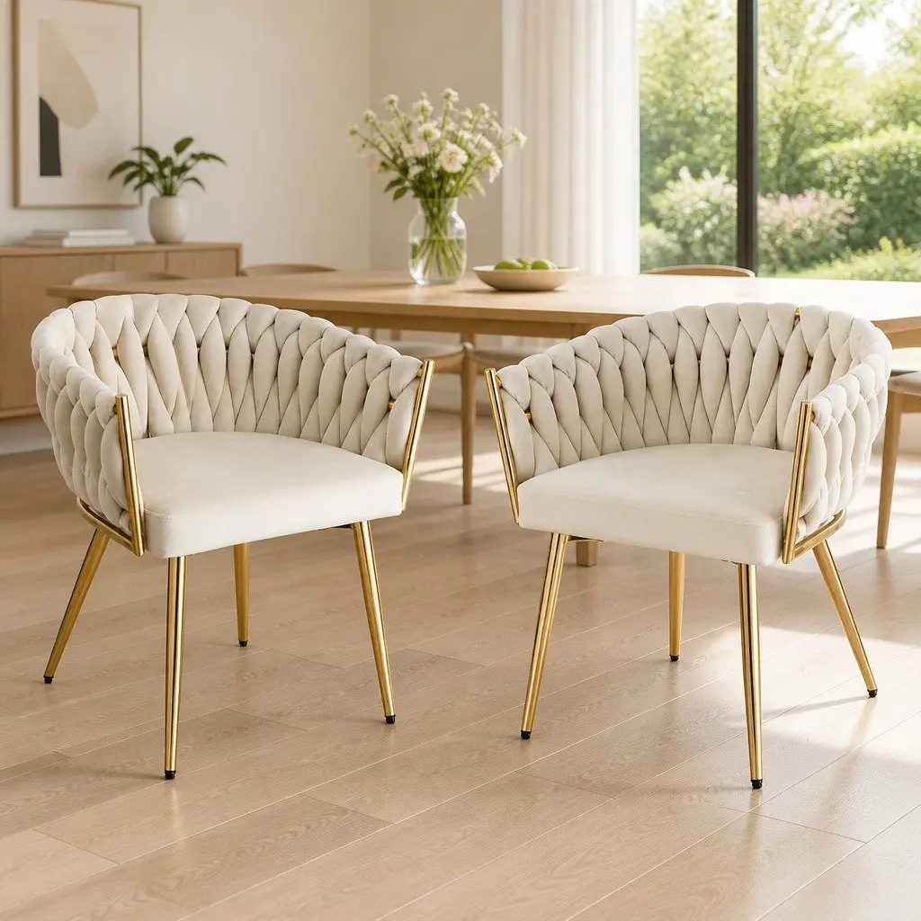 Dining Chairs Velvet Armchair Beige Plush Upholstery Steel Legs Set of 2