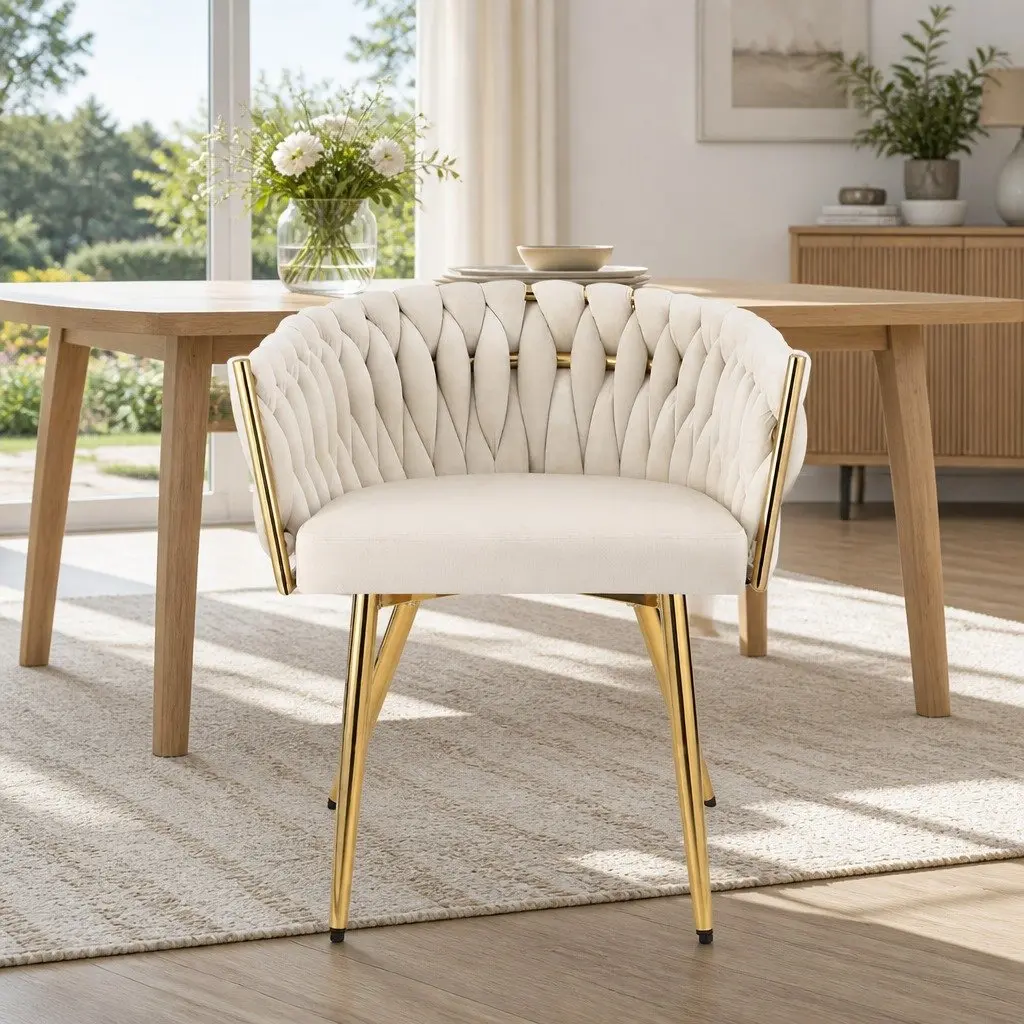 Dining Chairs Velvet Armchair Beige Plush Upholstery Steel Legs Set of 2