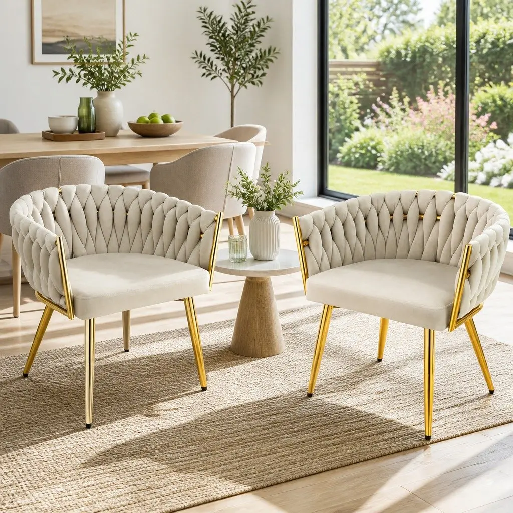 Dining Chairs Velvet Armchair Beige Plush Upholstery Steel Legs Set of 2