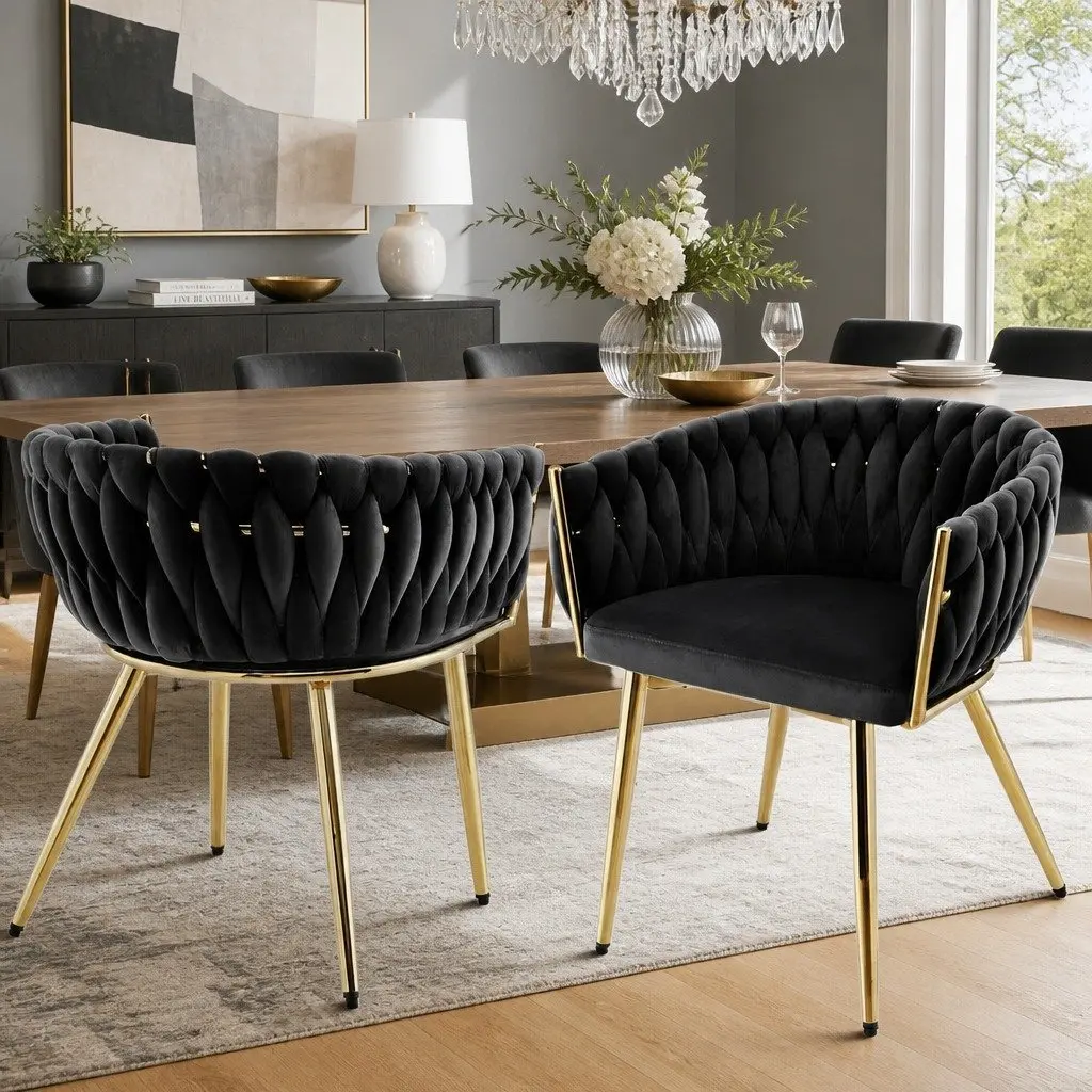 Dining Chairs Velvet Armchair 60cm x 50cm x 69cm Black Set of 2