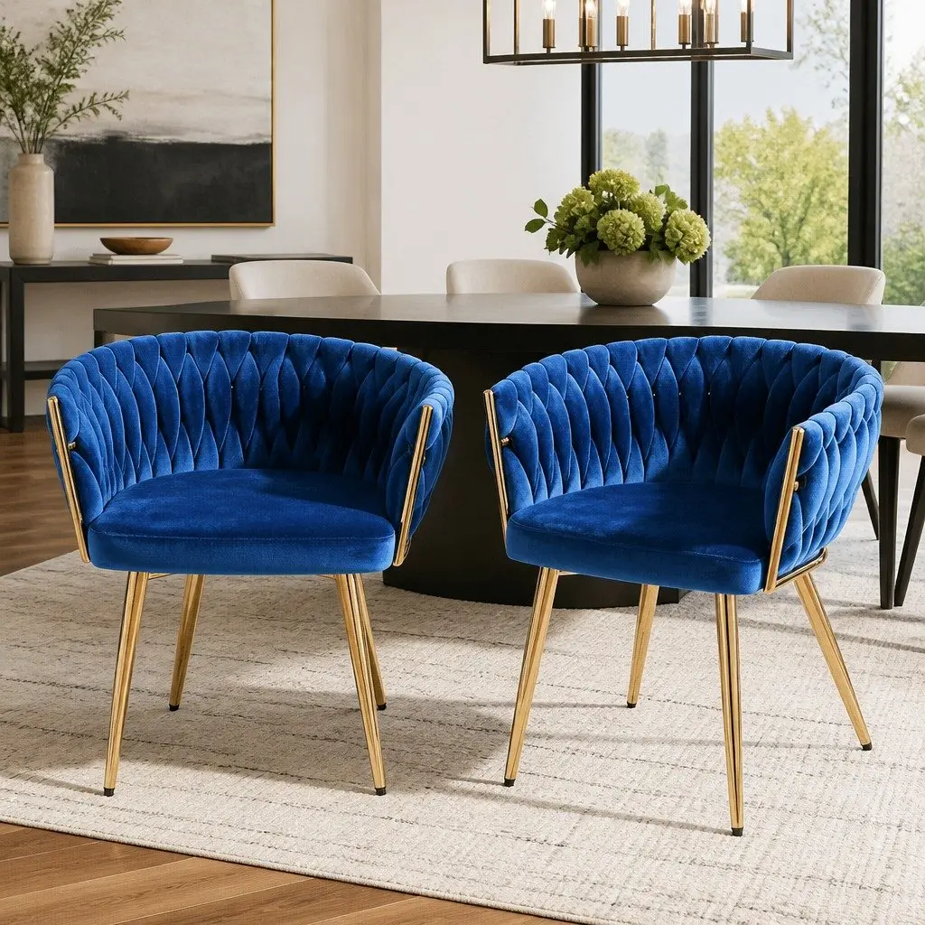 Dining Chairs Blue Velvet Armchair Hand-Woven Backrest 2 Piece