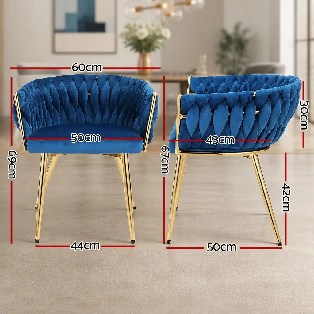 Dining Chairs Blue Velvet Armchair Hand-Woven Backrest 2 Piece