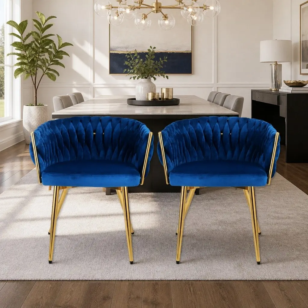 Dining Chairs Blue Velvet Armchair Hand-Woven Backrest 2 Piece