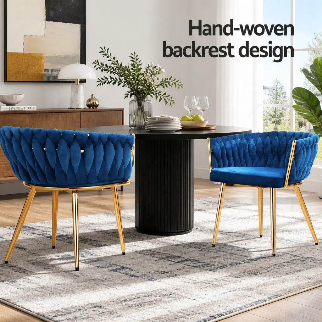 Dining Chairs Blue Velvet Armchair Hand-Woven Backrest 2 Piece