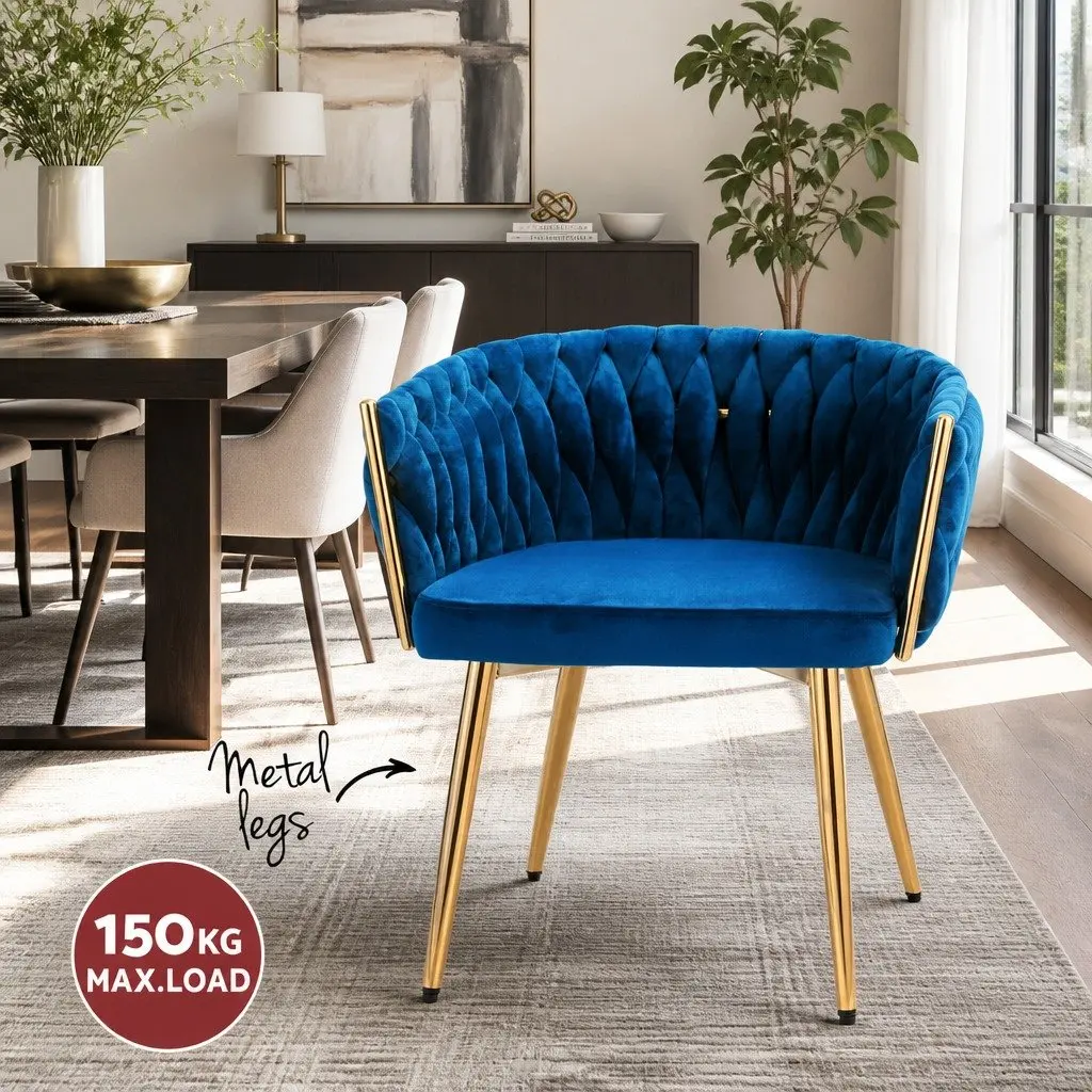 Dining Chairs Blue Velvet Armchair Hand-Woven Backrest 2 Piece