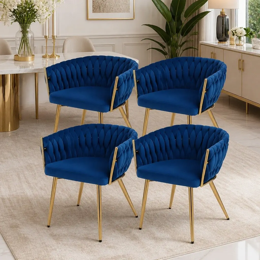 Set of 4 Blue Velvet Dining Chairs Hand-Woven Backrest Cushioned Support Armchair