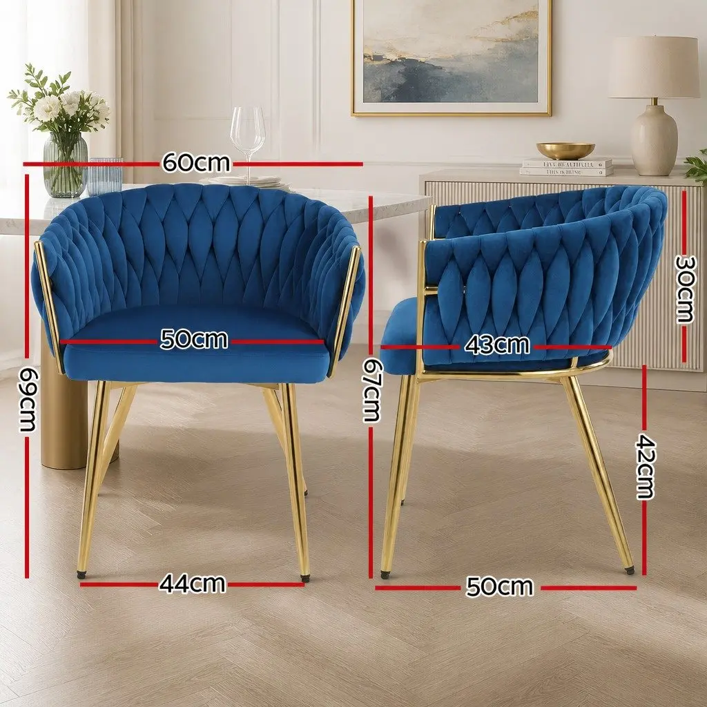 Set of 4 Blue Velvet Dining Chairs Hand-Woven Backrest Cushioned Support Armchair