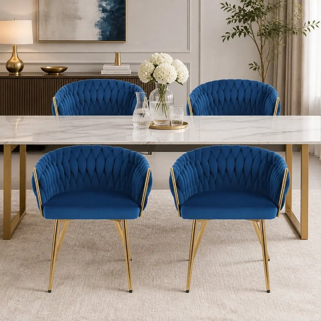 Set of 4 Blue Velvet Dining Chairs Hand-Woven Backrest Cushioned Support Armchair