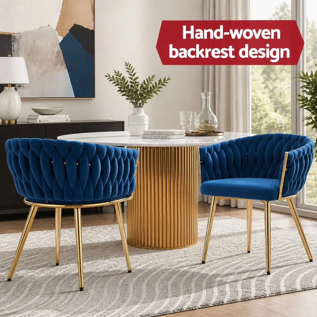 Set of 4 Blue Velvet Dining Chairs Hand-Woven Backrest Cushioned Support Armchair