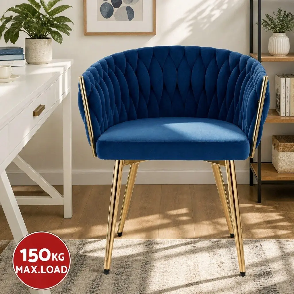 Set of 4 Blue Velvet Dining Chairs Hand-Woven Backrest Cushioned Support Armchair