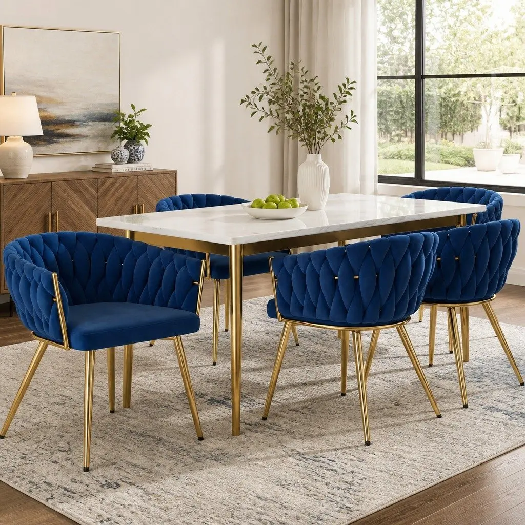 Set of 4 Blue Velvet Dining Chairs Hand-Woven Backrest Cushioned Support Armchair