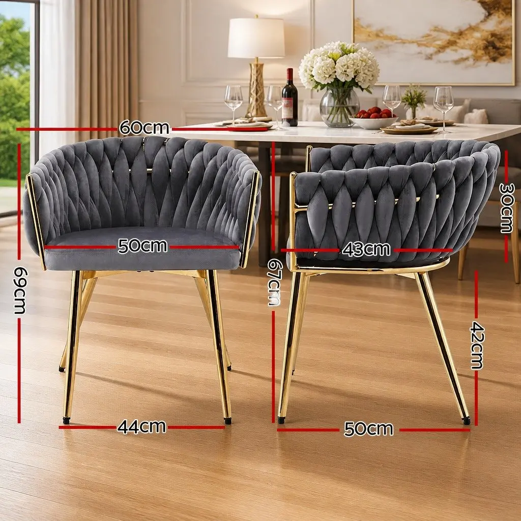 Dining Chairs Velvet Grey Set of 2 Armchair with Steel Legs