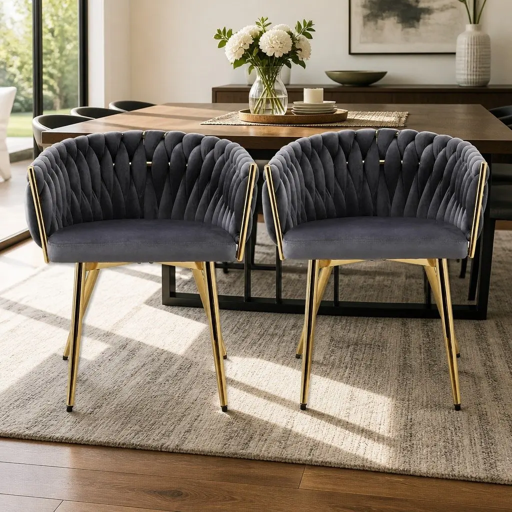 Dining Chairs Velvet Grey Set of 2 Armchair with Steel Legs