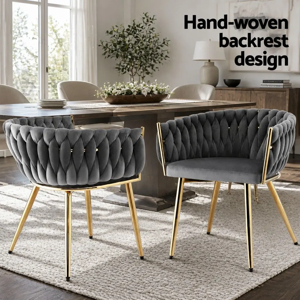 Dining Chairs Velvet Grey Set of 2 Armchair with Steel Legs