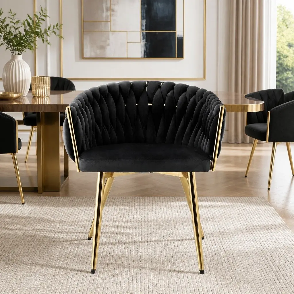 Dining Chair Armchair Kitchen Lounge Seat Black Velvet Weaving Hand-Woven