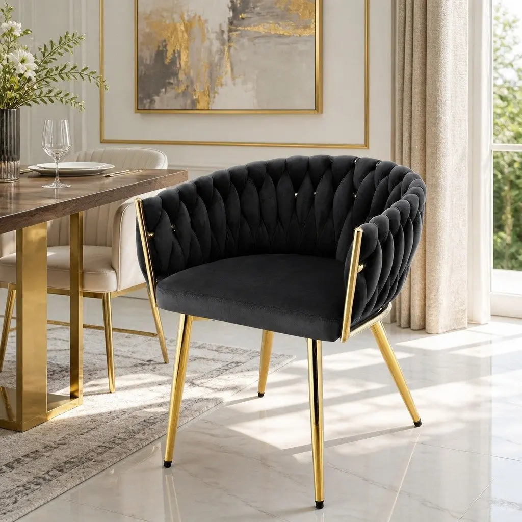 Dining Chair Armchair Kitchen Lounge Seat Black Velvet Weaving Hand-Woven