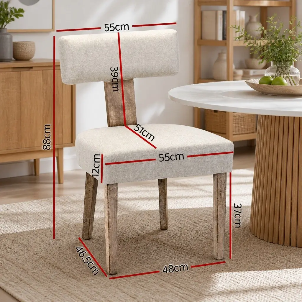 Dining Chairs Wooden Frame Padded Seat Beige Linen Fabric Set of 2