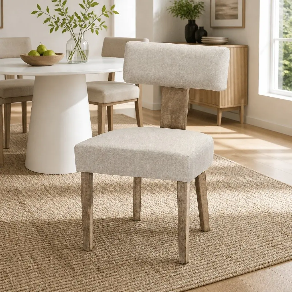 Dining Chairs Wooden Frame Padded Seat Beige Linen Fabric Set of 2