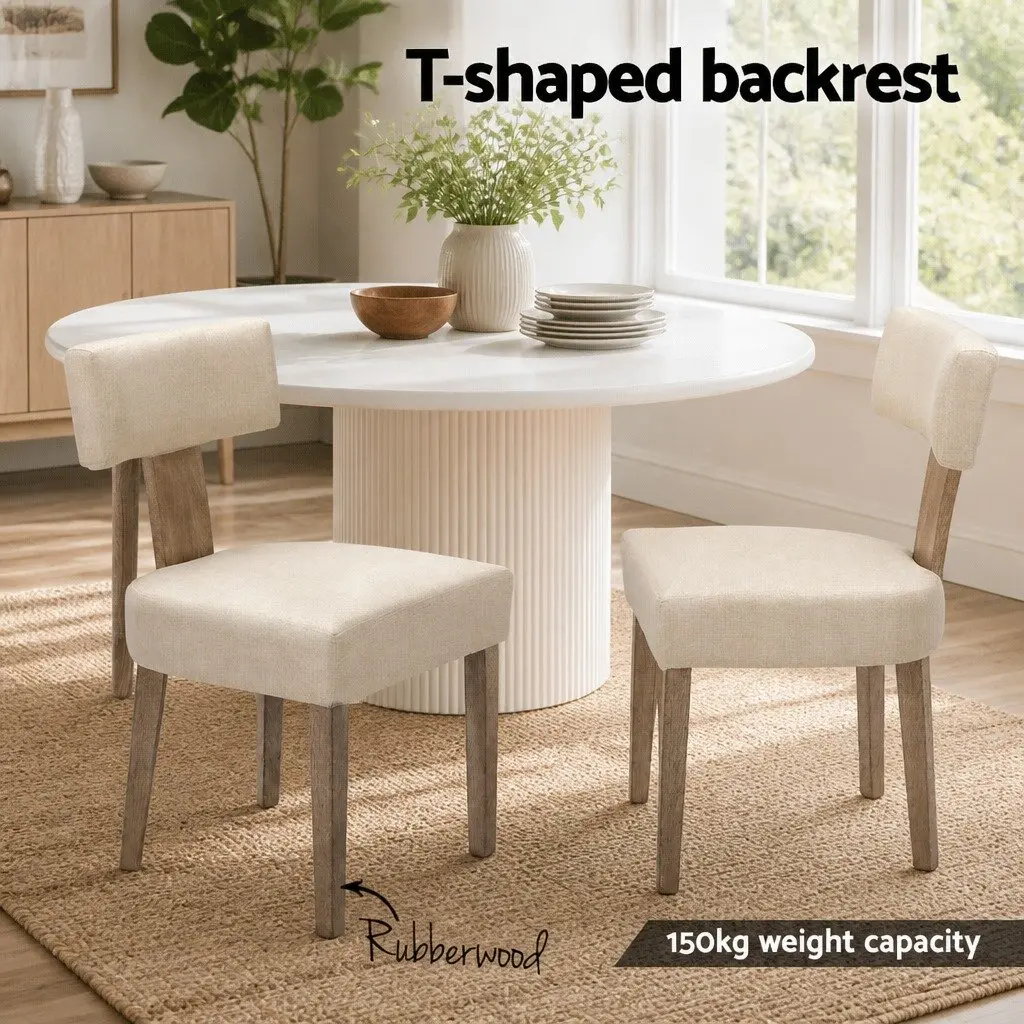 Dining Chairs Wooden Frame Padded Seat Beige Linen Fabric Set of 2