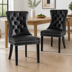 Dining Chairs Set of 2 Black Leather Button Tufted Kitchen Seating Furniture