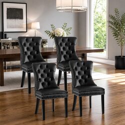 Dining Chairs Set of 4 Black PU Leather Button Tufted Kitchen Seating Furniture