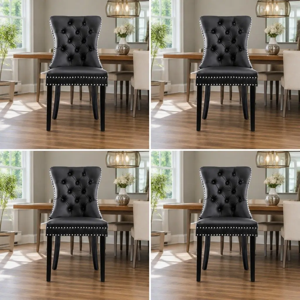 Black PU Leather Dining Chairs Set of 4 Button Tufted Kitchen Seating with Cushioned Backrest and Rubberwood Legs