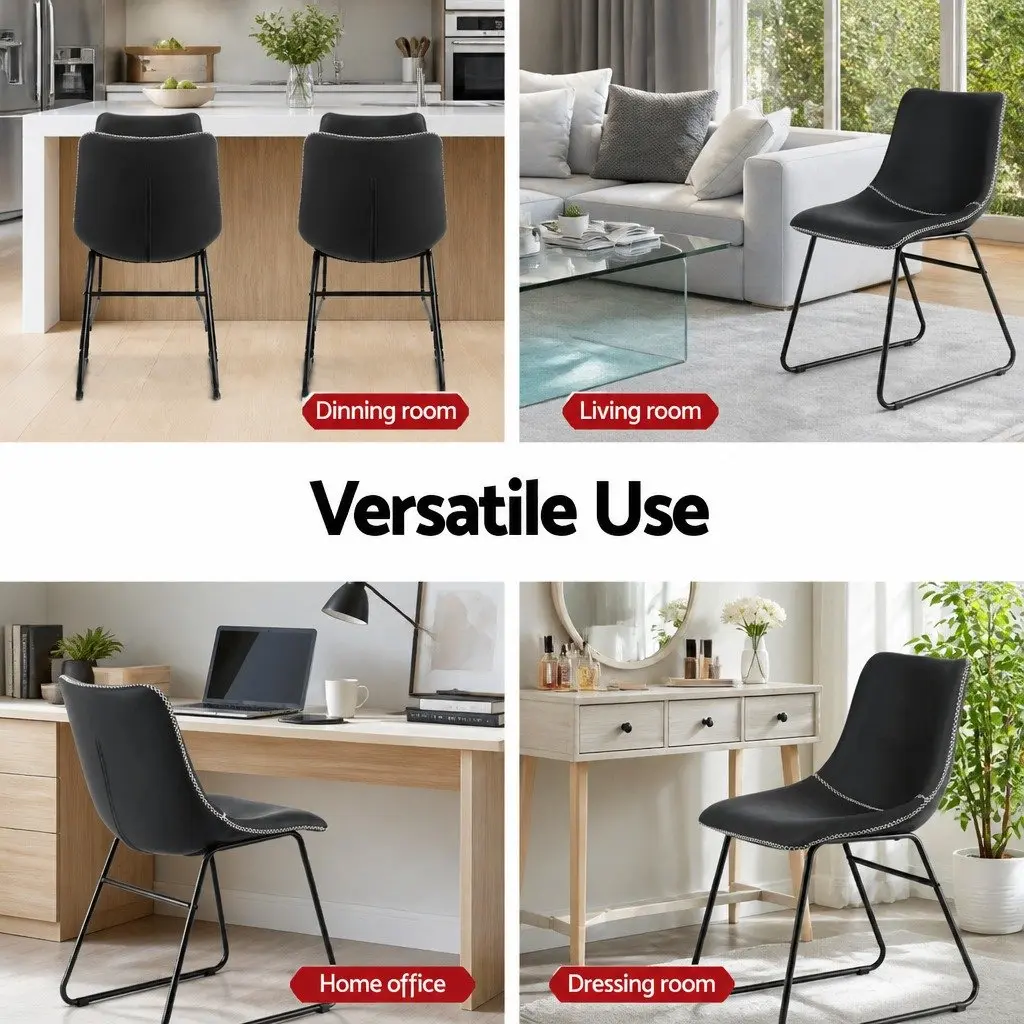 Dining Chairs Retro PU Leather Black Curved Backrest Padded x2