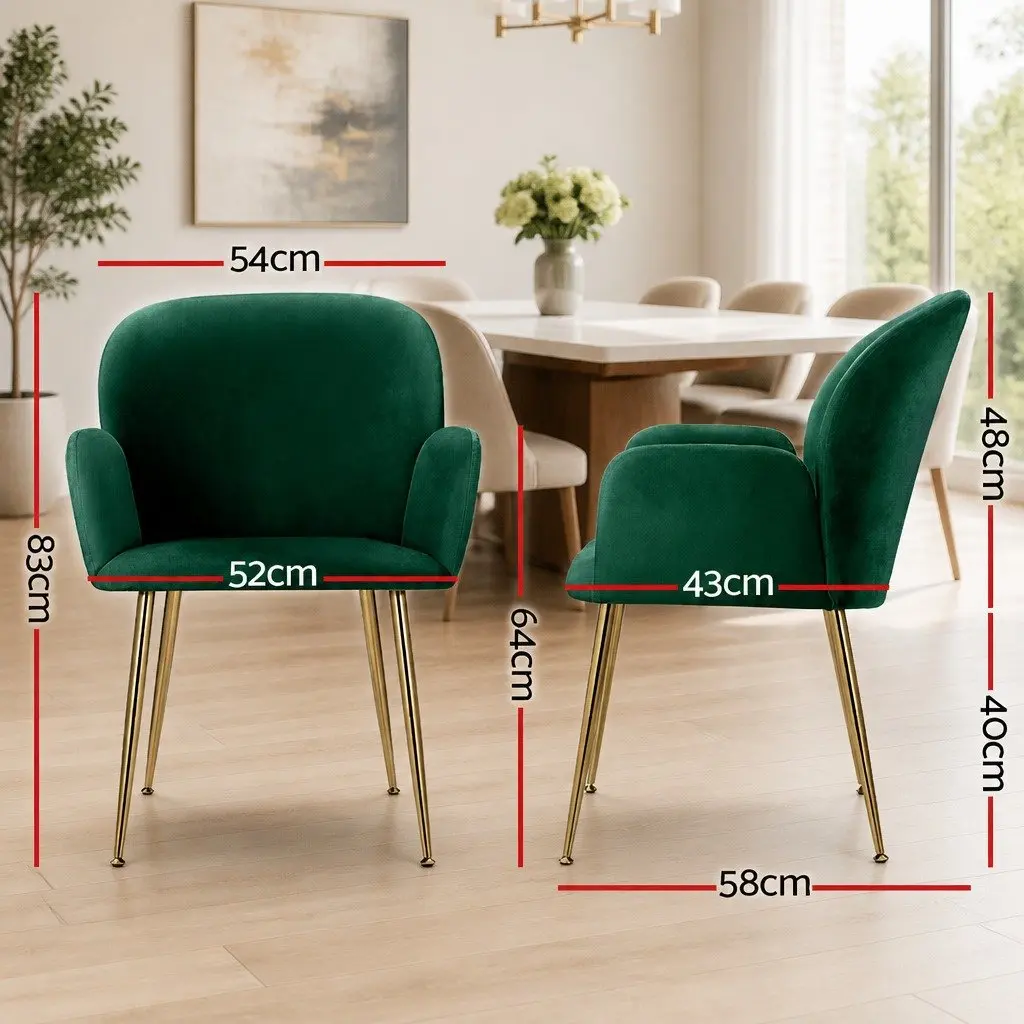 Dining Chairs Velvet Armchair 54cm W x 58cm D x 83cm H Green Cushioned Back Support Steel Legs Set of 2