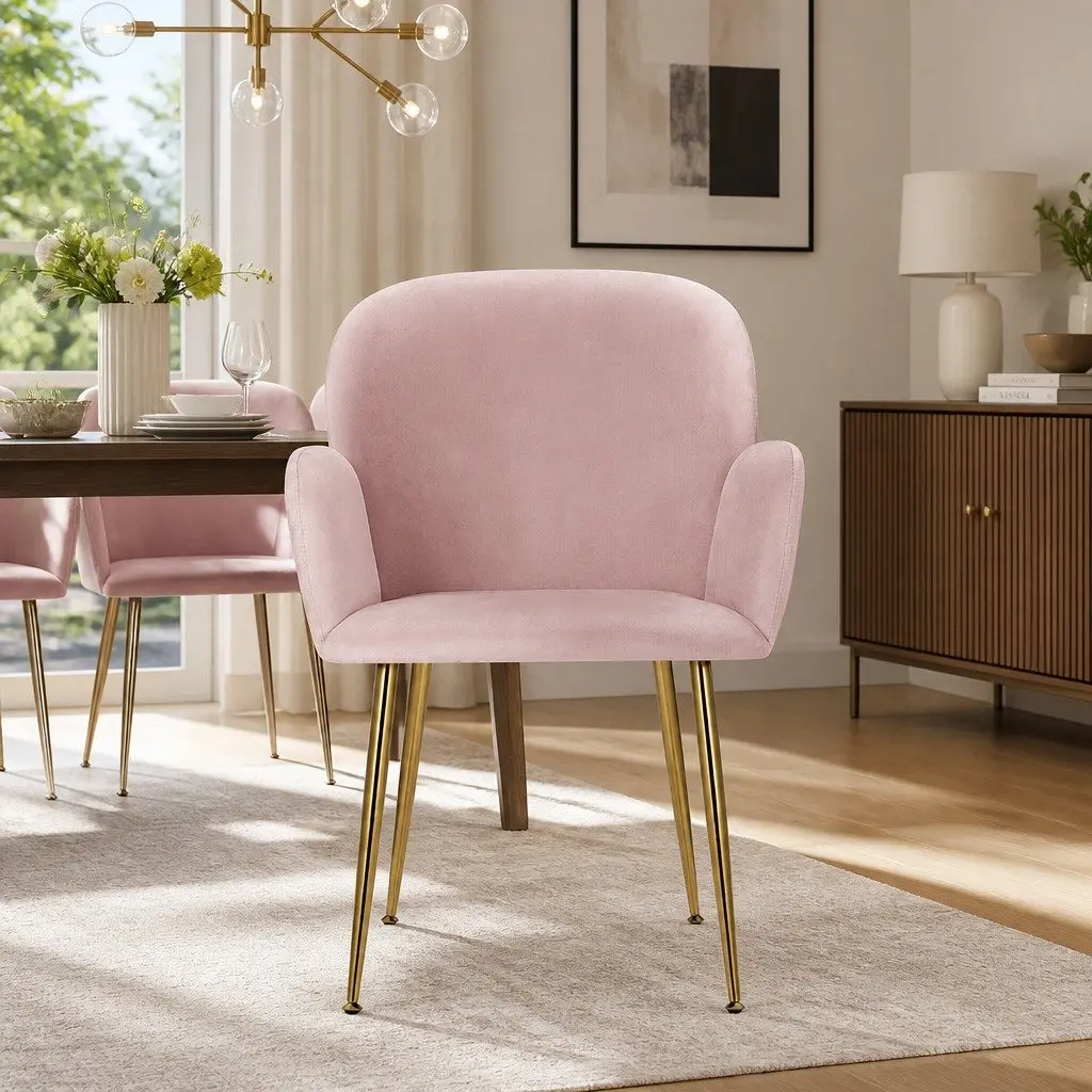 Pink Velvet Dining Chairs Set of 2 Armchair with Cushioned Back Support Wood Frame Steel Legs