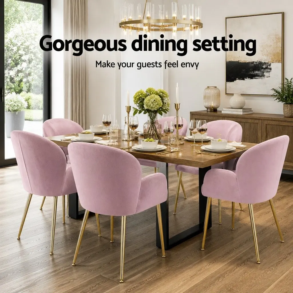 Pink Velvet Dining Chairs Set of 2 Armchair with Cushioned Back Support Wood Frame Steel Legs