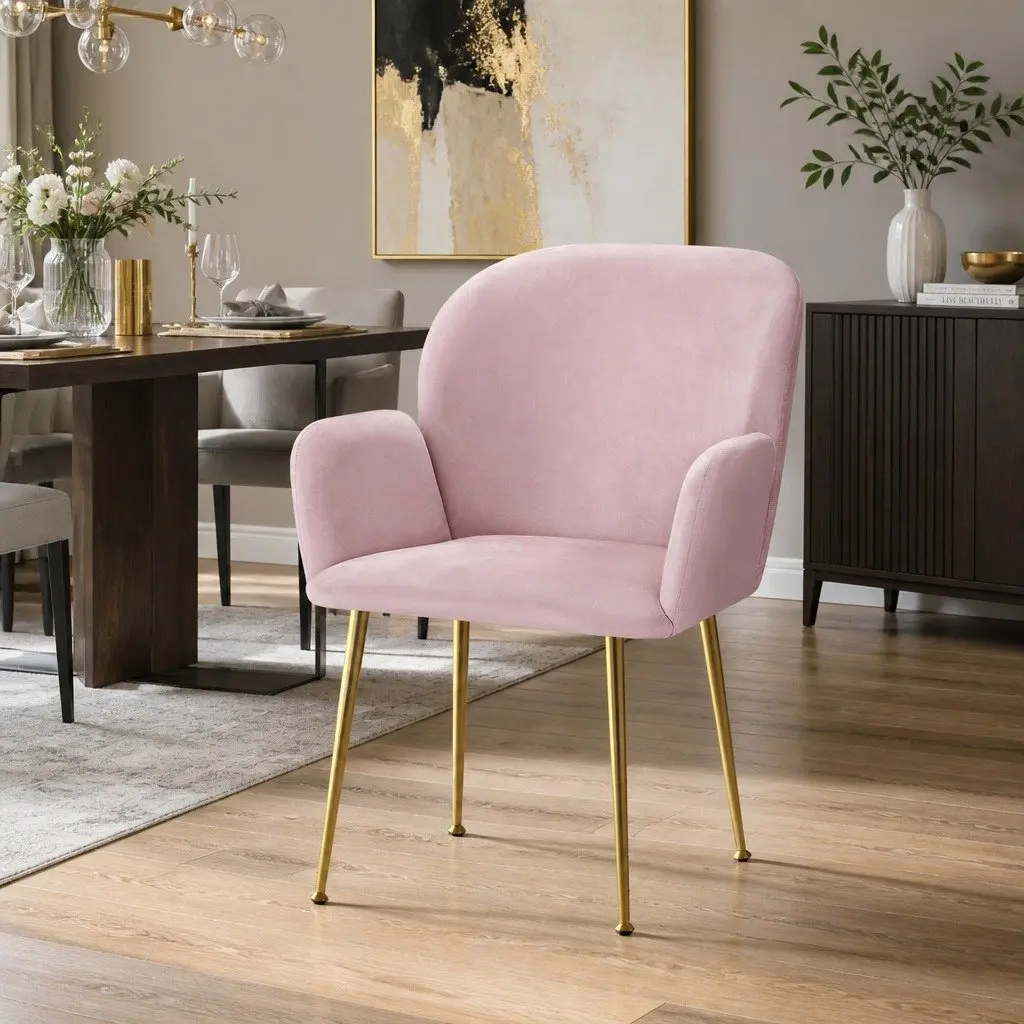 Pink Velvet Dining Chairs Set of 2 Armchair with Cushioned Back Support Wood Frame Steel Legs