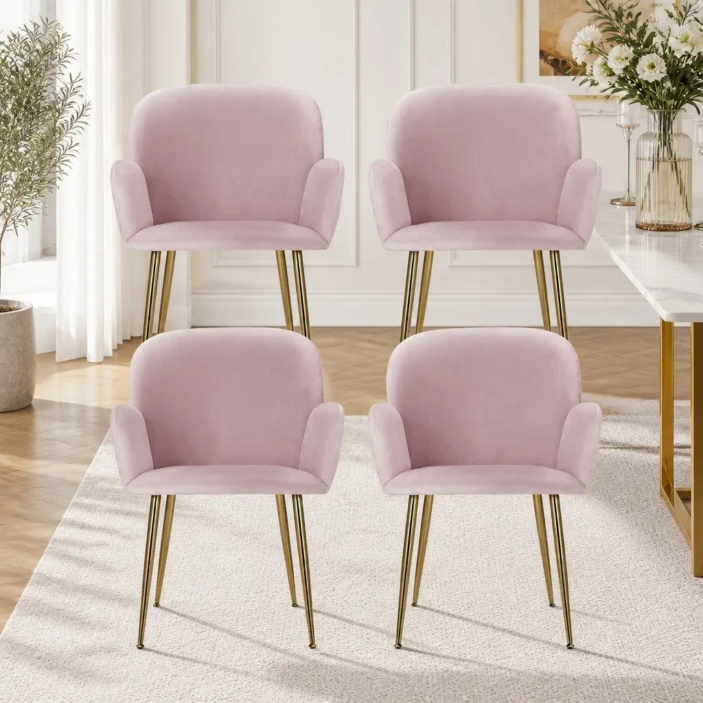 Dining Chairs Velvet Cushioned Back Armchair 4 Piece Pink