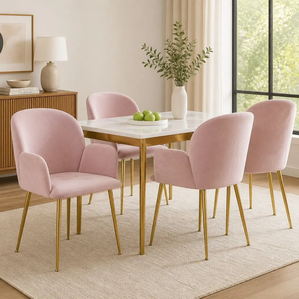 Dining Chairs Velvet Cushioned Back Armchair 4 Piece Pink