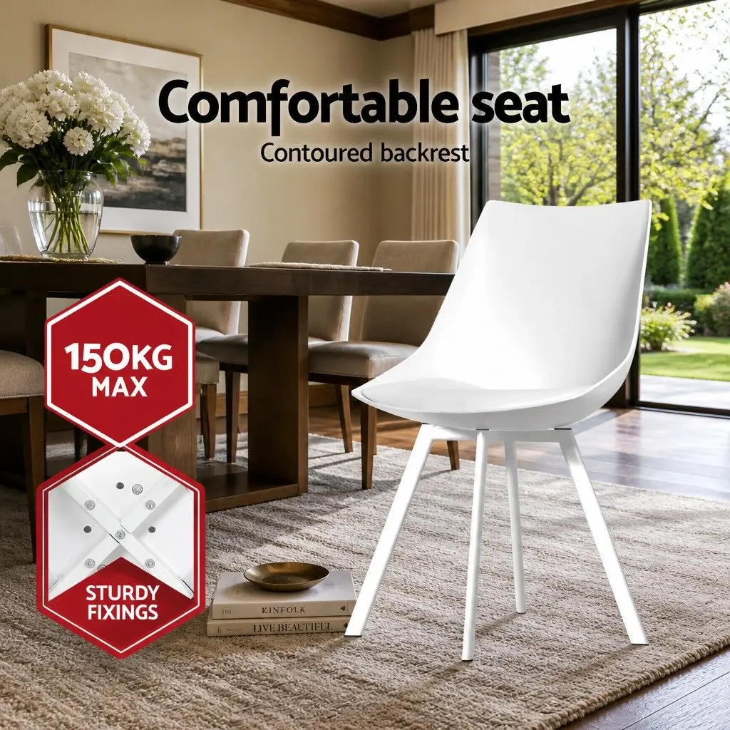 Dining Chairs Set of 2 White Plastic Steel Legs Cushioned Back Support Modern
