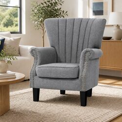 Armchair Wingback Grey Button Studs Waterfall Design Faux Linen Full-Size