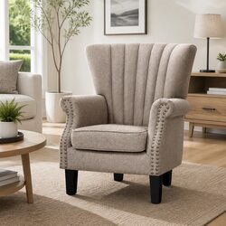 Wingback Armchair Beige Button Stud Detail Waterfall Backrest Faux Linen Seat