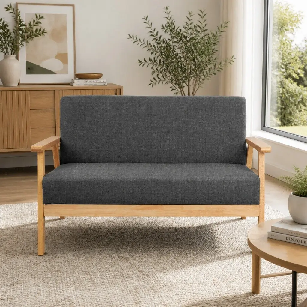 2-Seater Sofa Rubber Wood 113cm Grey Faux Linen Fabric