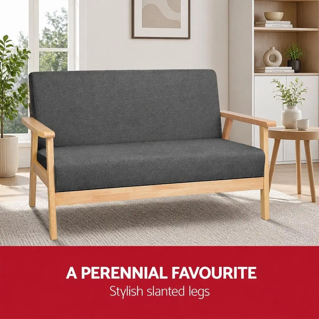 2-Seater Sofa Rubber Wood 113cm Grey Faux Linen Fabric