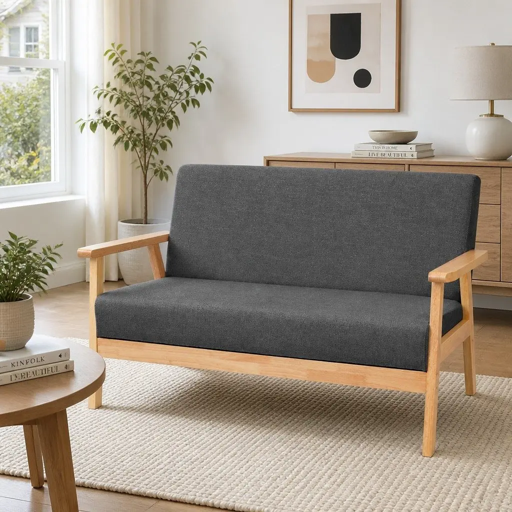 2-Seater Sofa Rubber Wood 113cm Grey Faux Linen Fabric