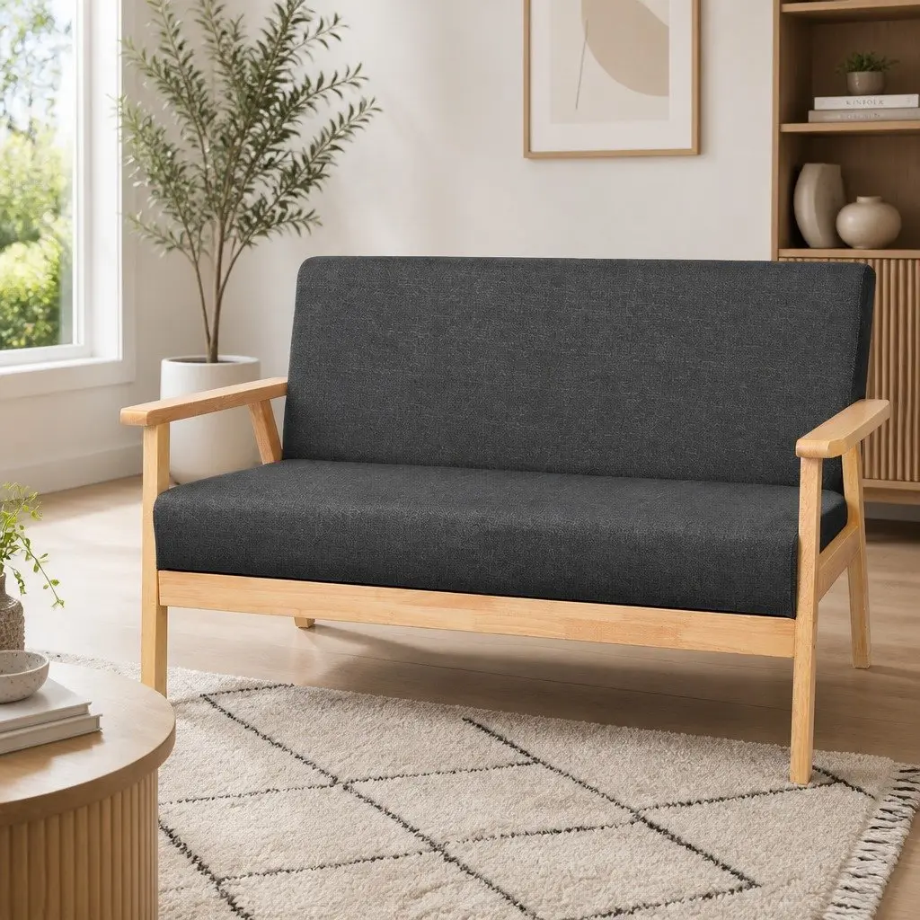 2-Seater Sofa Rubber Wood 113cm Grey Faux Linen Fabric
