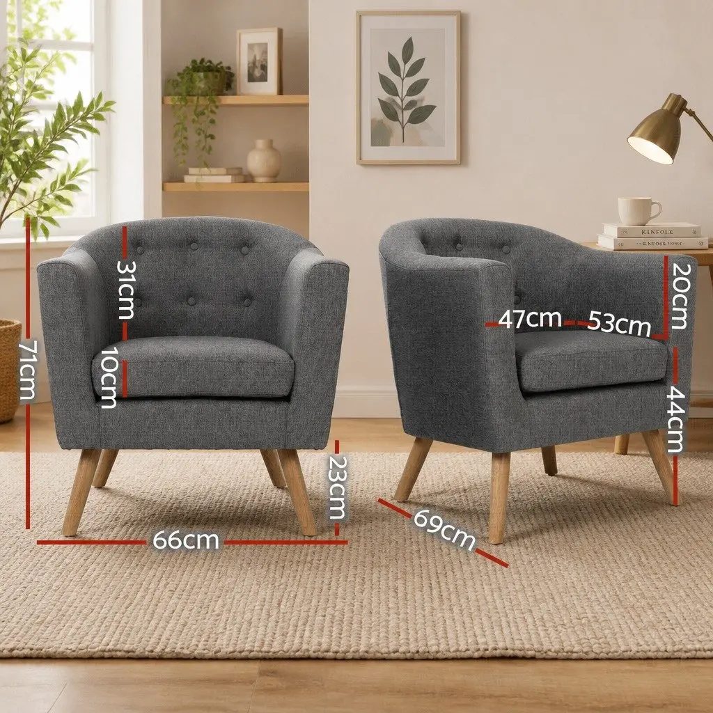 Armchair Tufted Upholstered Faux Linen Fabric Full Size Grey Wooden Frame Foam Padding